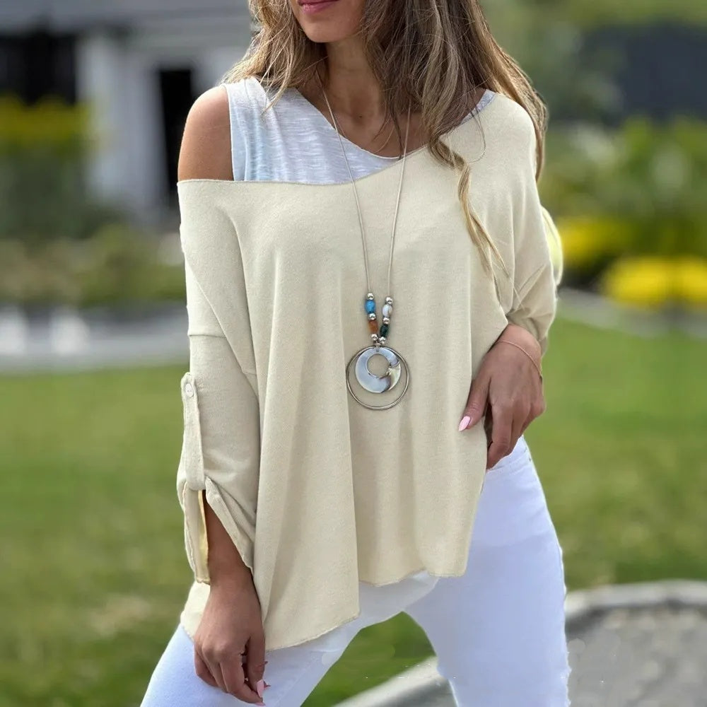 Bluzka damska w jednolitym kolorze, stylowa, swobodna, z długim rękawem i okrągłym dekoltem, regularna