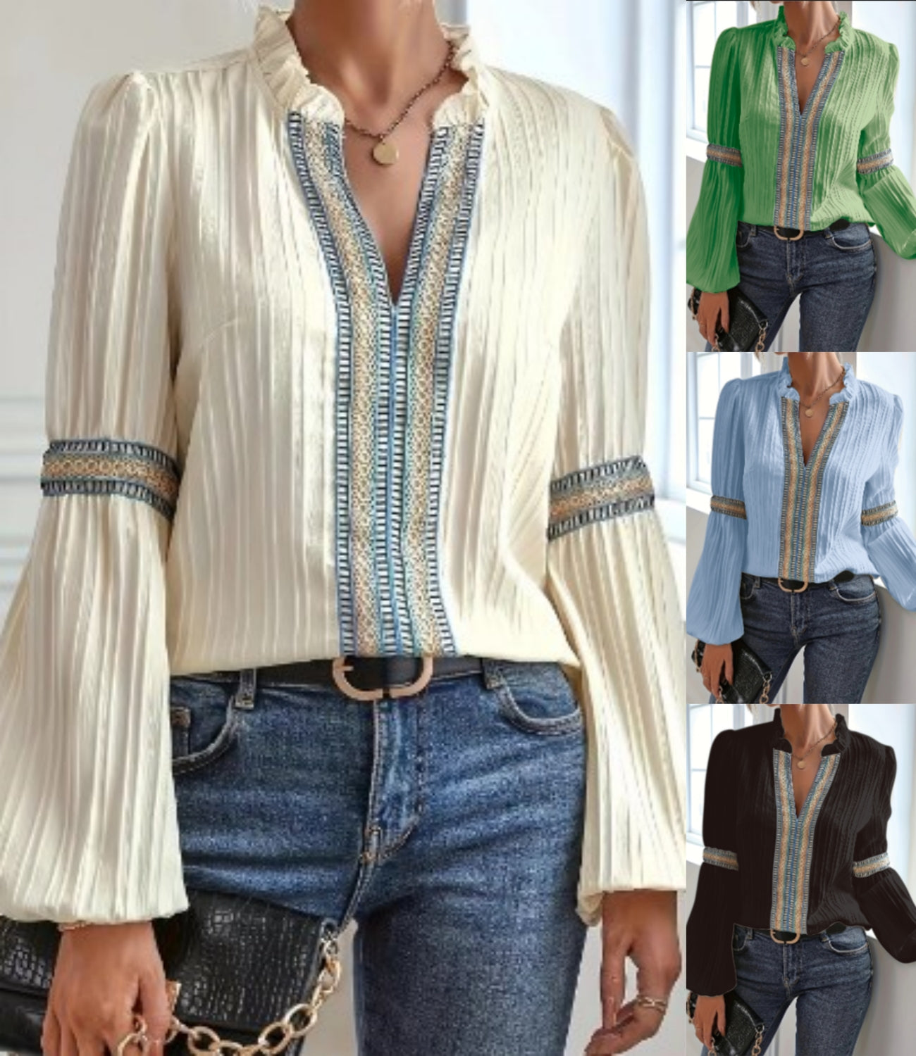 Prosta koszula z dekoltem w serek i koronkowymi rękawami typu latarnia