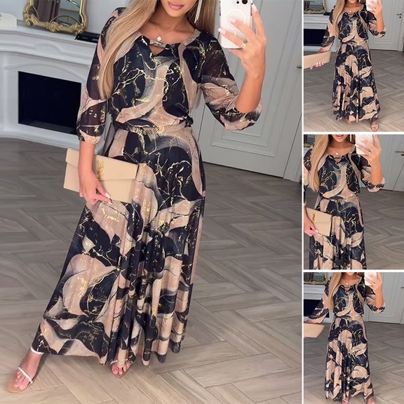 Elegancka szyfonowa sukienka z nadrukiem na trzy czwarte rękawa