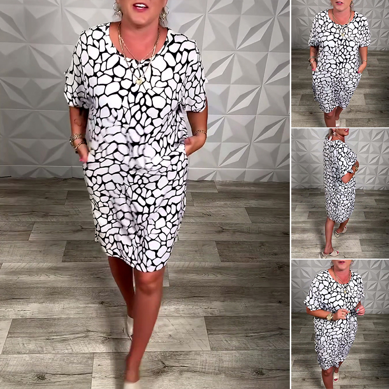 Sukienka z okrągłym dekoltem i krótkim rękawem, wygodna i luźna