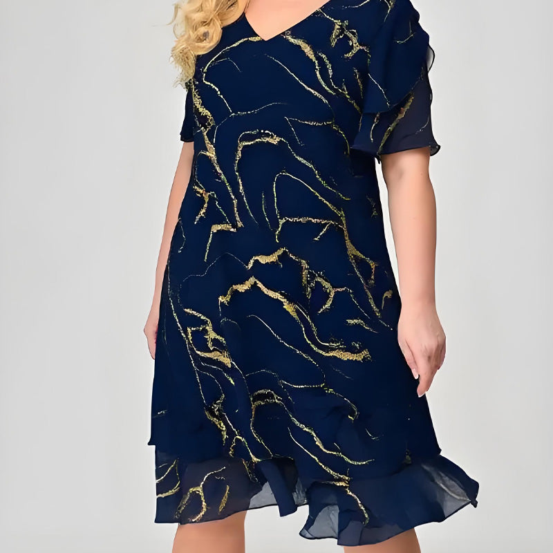 Kobiety z krótkim rękawem Kaskadowa sukienka z szyfonu z nadrukiem