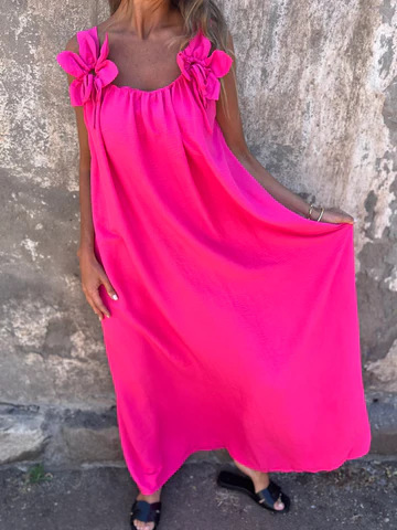 Sukienka damska w jednolitym kolorze z kwiatowym wzorem i dekoltem w kształcie litery U