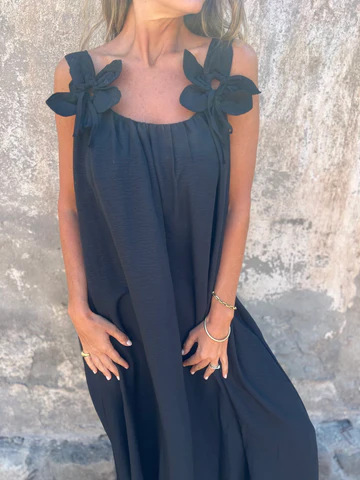 Sukienka damska w jednolitym kolorze z kwiatowym wzorem i dekoltem w kształcie litery U