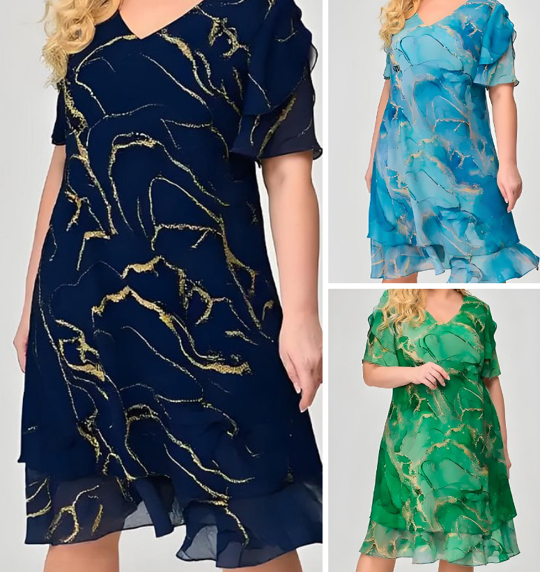 Kobiety z krótkim rękawem Kaskadowa sukienka z szyfonu z nadrukiem