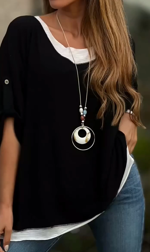 Bluzka damska w jednolitym kolorze, stylowa, swobodna, z długim rękawem i okrągłym dekoltem, regularna