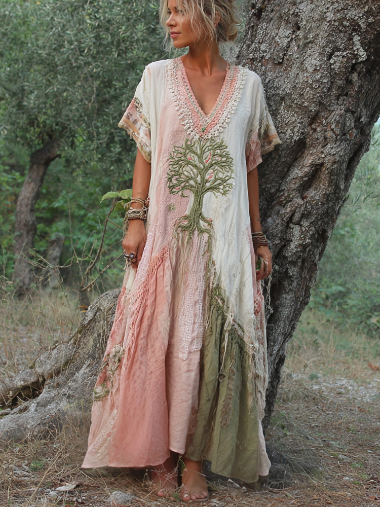 Women's Retro Tree Of Life Art Patchwork Short Sleeve Dress