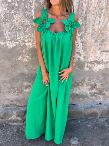 Sukienka damska w jednolitym kolorze z kwiatowym wzorem i dekoltem w kształcie litery U