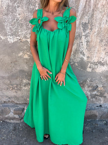 Sukienka damska w jednolitym kolorze z kwiatowym wzorem i dekoltem w kształcie litery U