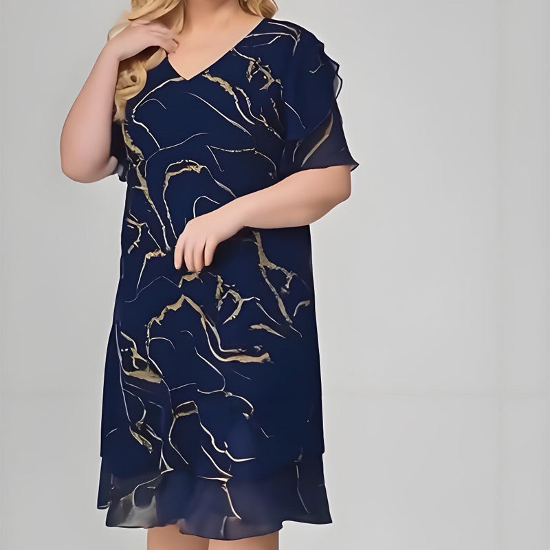 Kobiety z krótkim rękawem Kaskadowa sukienka z szyfonu z nadrukiem