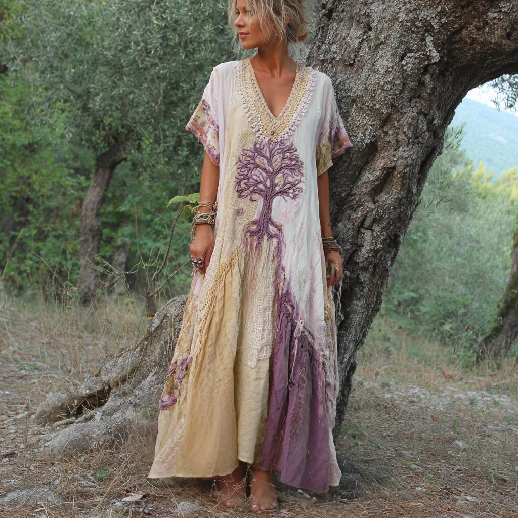 Women's Retro Tree Of Life Art Patchwork Short Sleeve Dress
