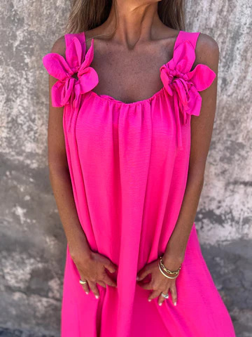 Sukienka damska w jednolitym kolorze z kwiatowym wzorem i dekoltem w kształcie litery U