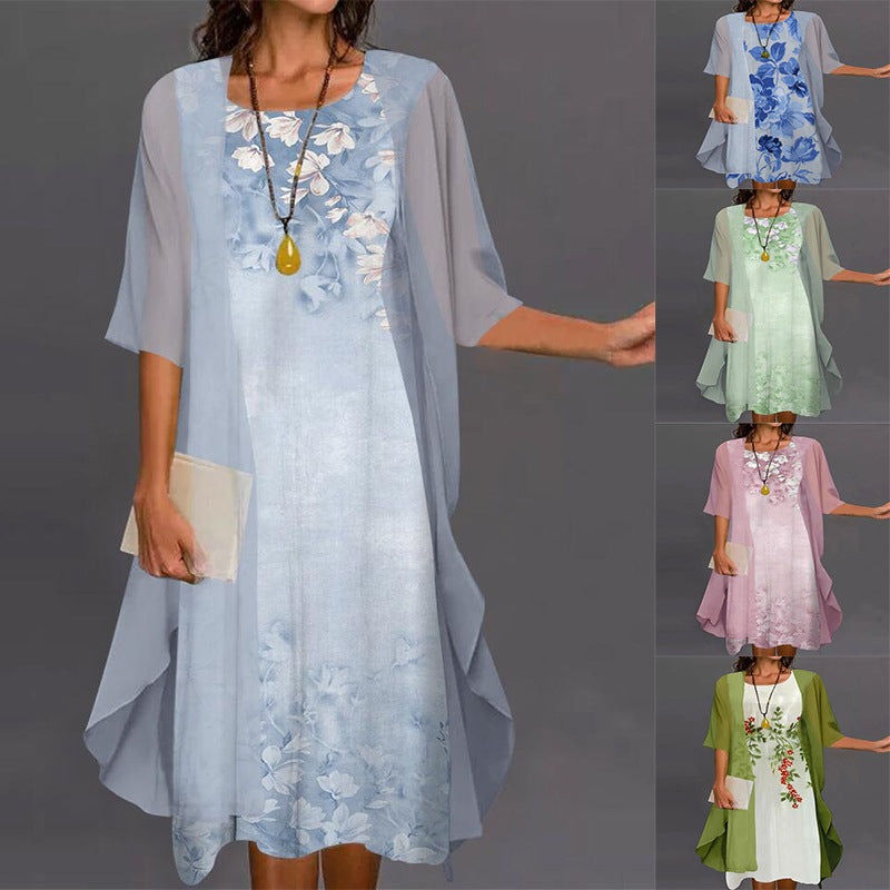 Sukienka damska dwuczęściowa z okrągłym dekoltem i nadrukiem