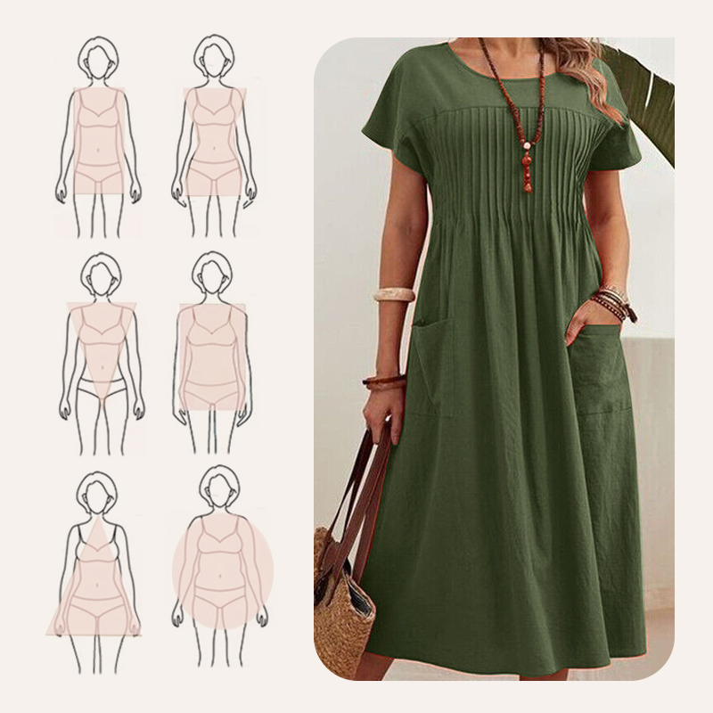 Damska sukienka plisowana z krótkim rękawem i kieszeniami