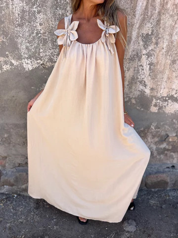 Sukienka damska w jednolitym kolorze z kwiatowym wzorem i dekoltem w kształcie litery U