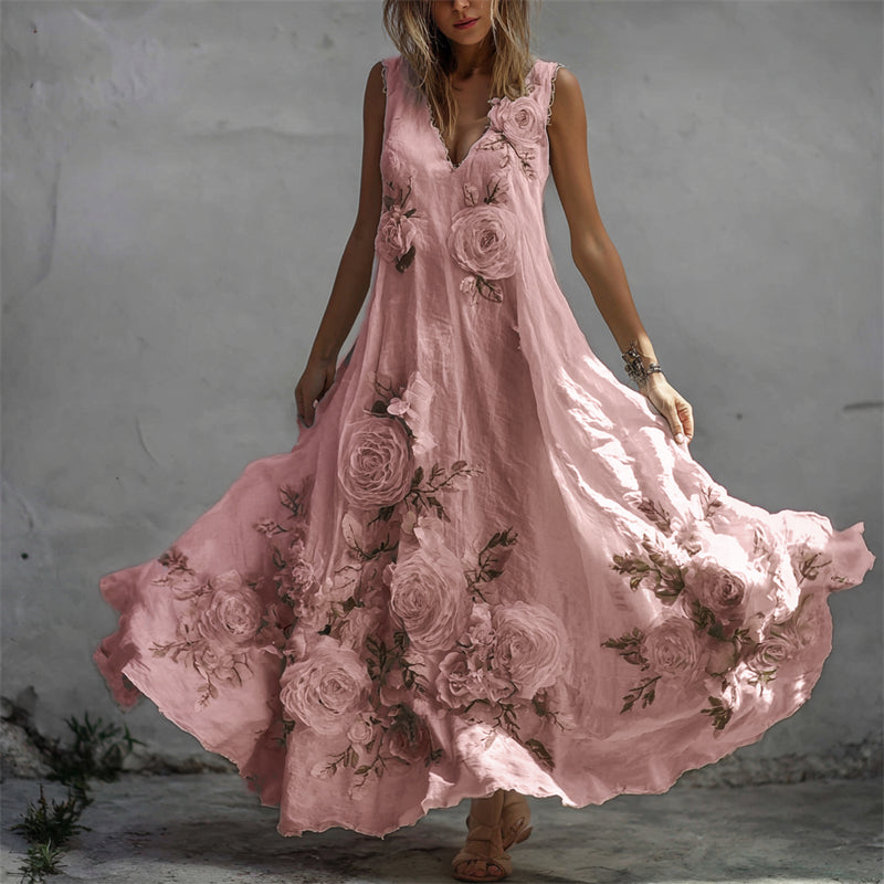 Sukienka maxi z lnu w stylu vintage z białymi różami i wzorem włókienniczym