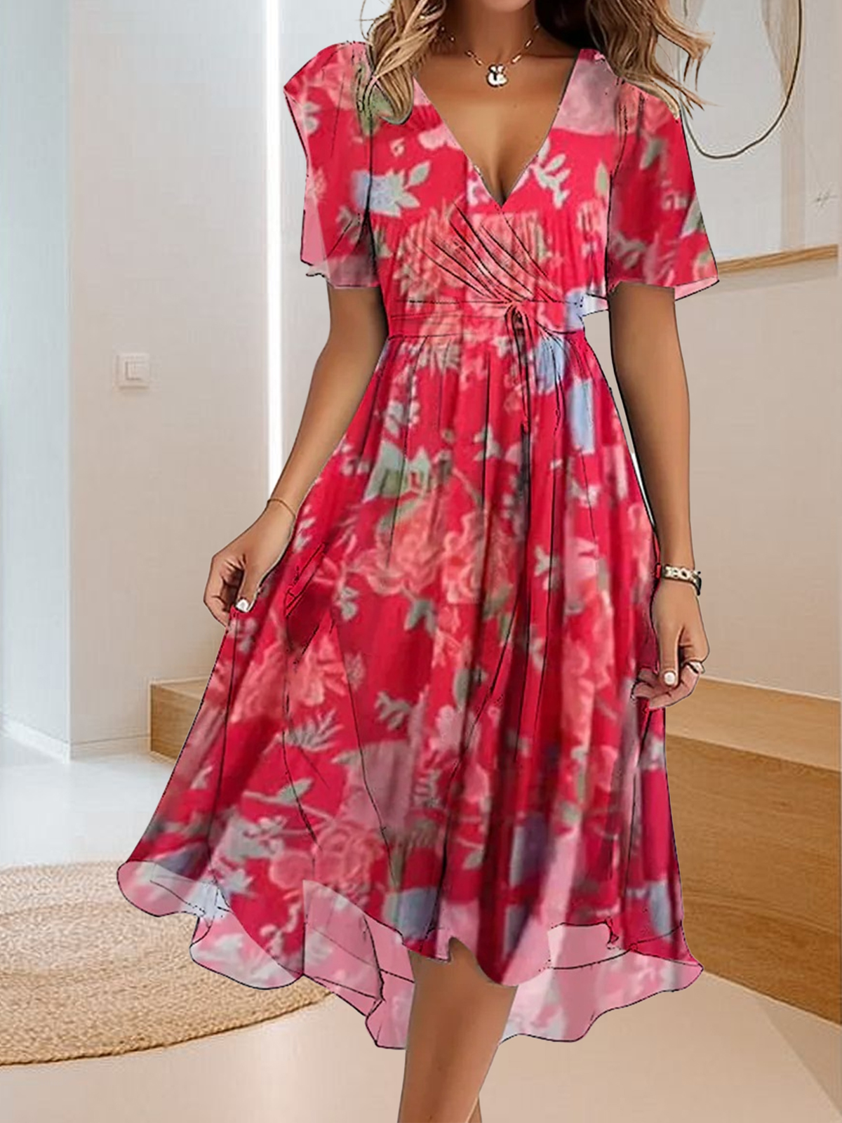 V-neck simple printed casual dress