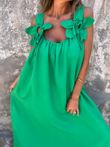 Sukienka damska w jednolitym kolorze z kwiatowym wzorem i dekoltem w kształcie litery U