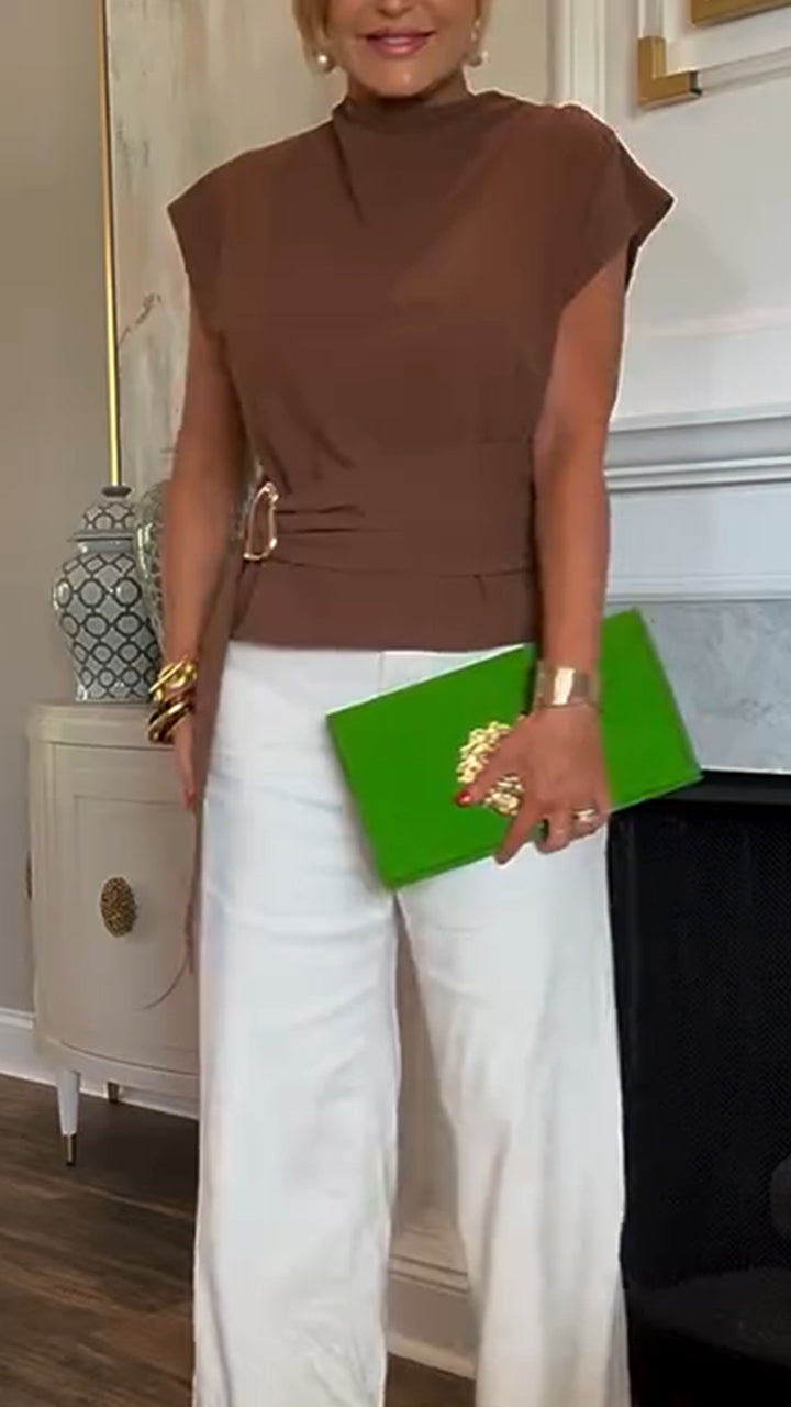 Damski top casualowy z okrągłym dekoltem i metalową klamrą