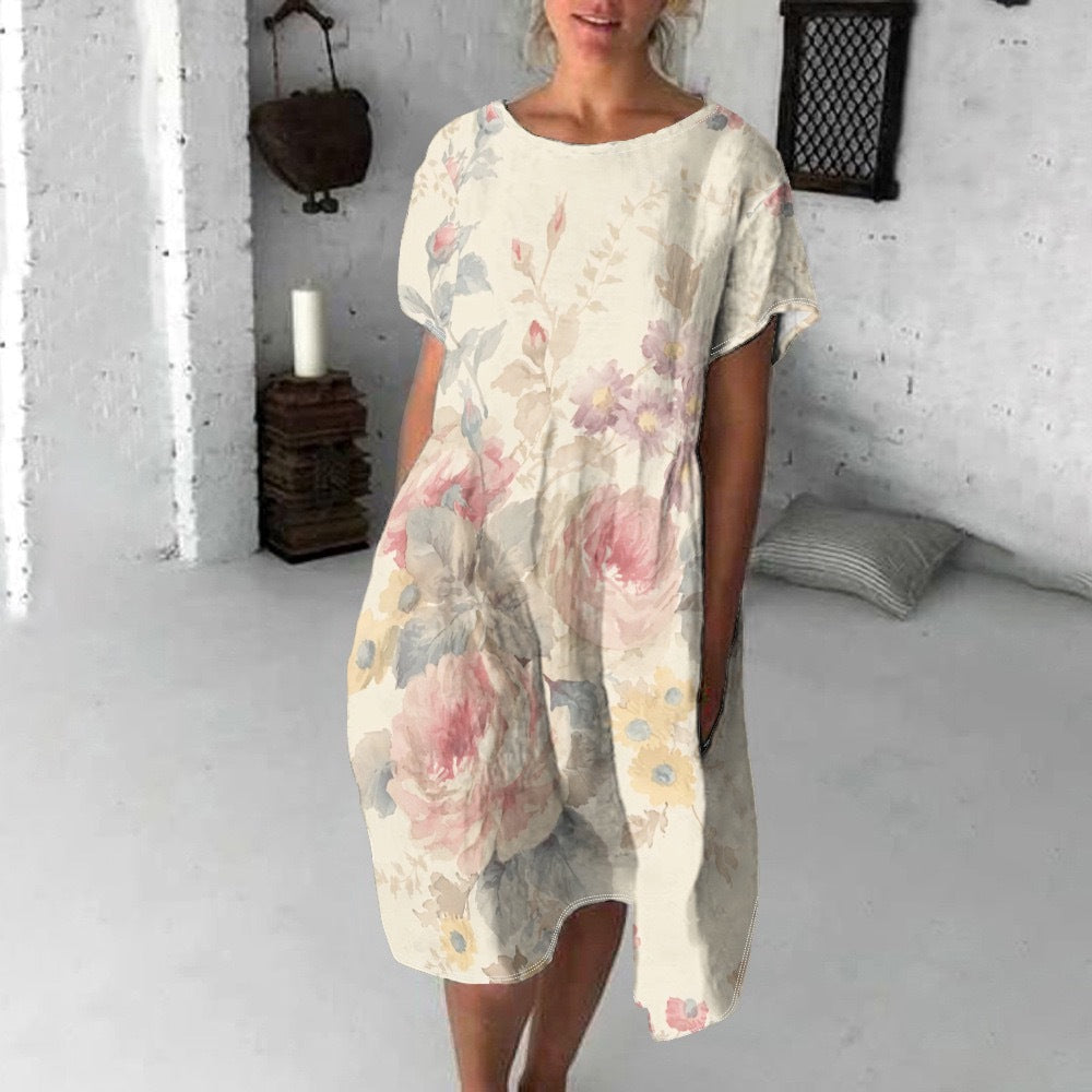 Damska sukienka z krótkim rękawem i nadrukiem, swobodna i wygodna