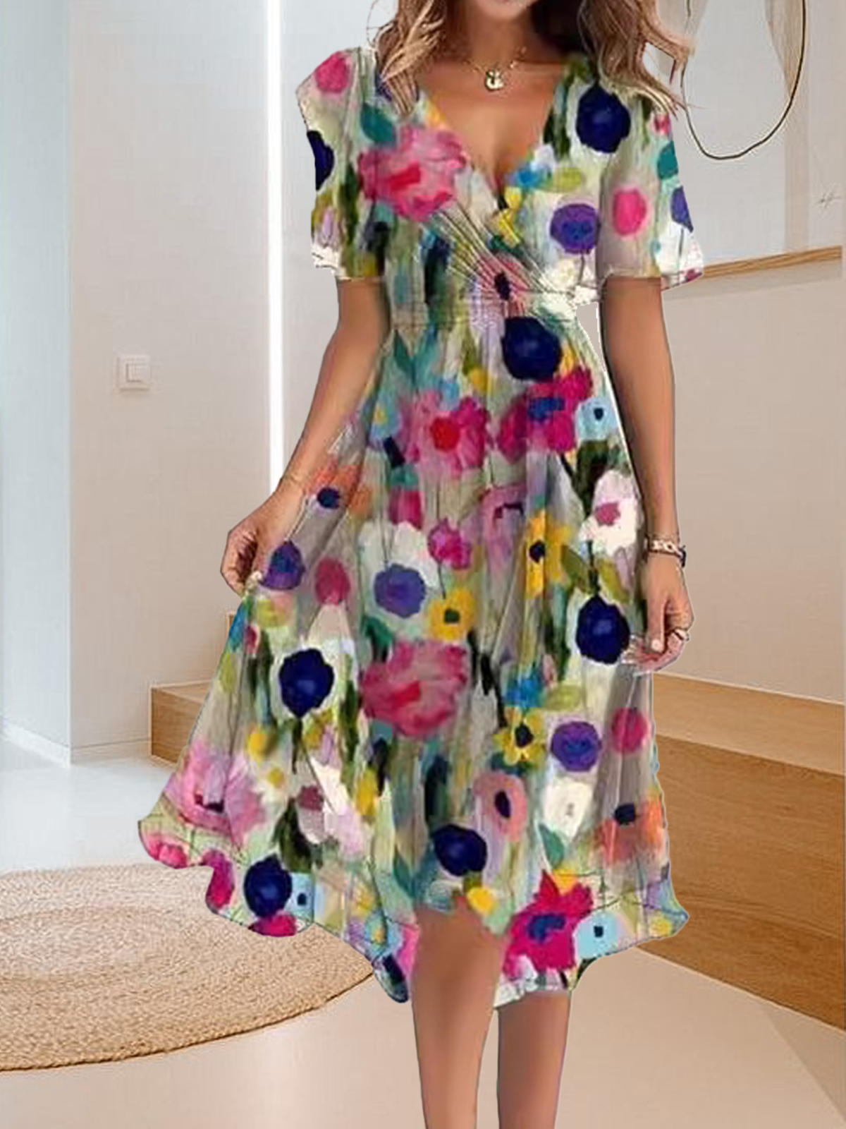 V-neck simple printed casual dress