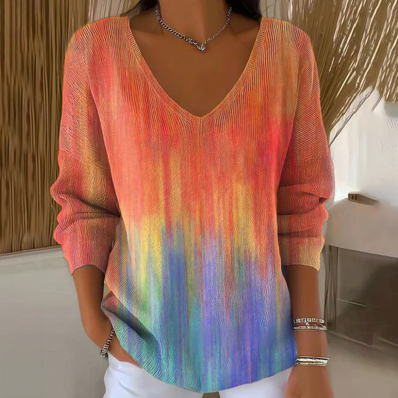 Long-sleeved V-neck top with print