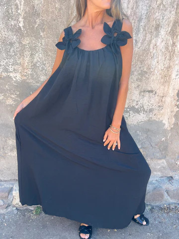 Sukienka damska w jednolitym kolorze z kwiatowym wzorem i dekoltem w kształcie litery U