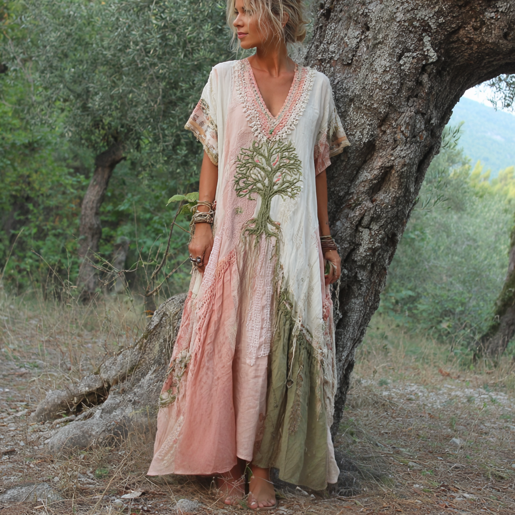 Women's Retro Tree Of Life Art Patchwork Short Sleeve Dress