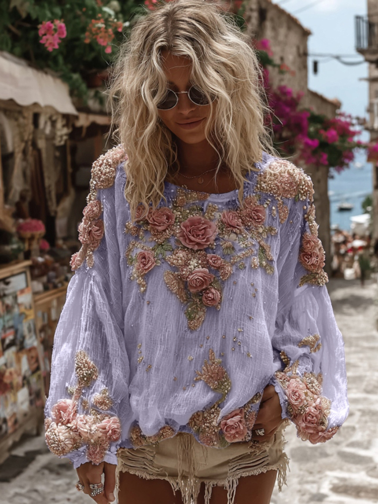 Women's Vintage Pink Rose Embroidery Casual Crew Neck Shirt