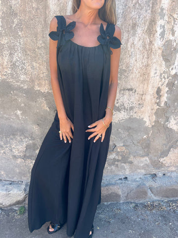 Sukienka damska w jednolitym kolorze z kwiatowym wzorem i dekoltem w kształcie litery U