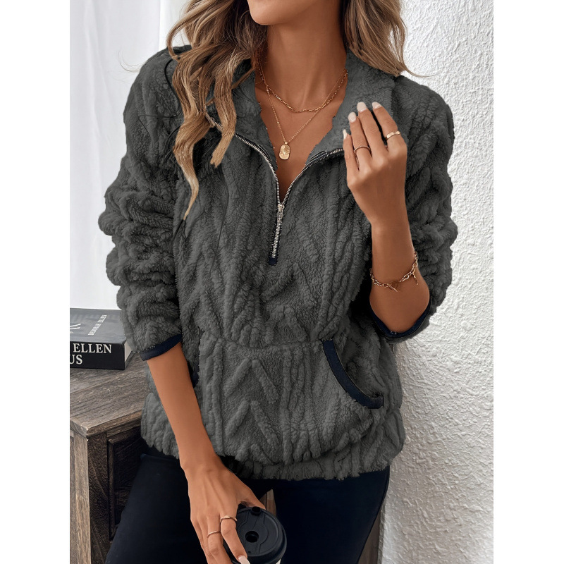 Contrast color half-open collar plush sweatshirt