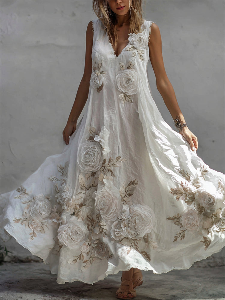 Sukienka maxi z lnu w stylu vintage z białymi różami i wzorem włókienniczym