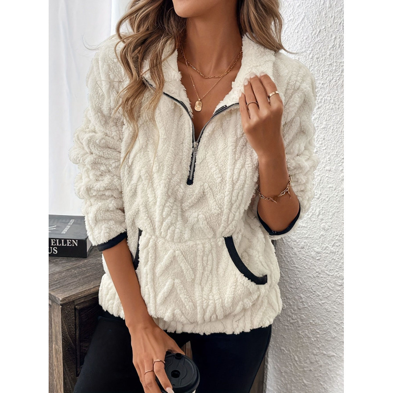 Contrast color half-open collar plush sweatshirt